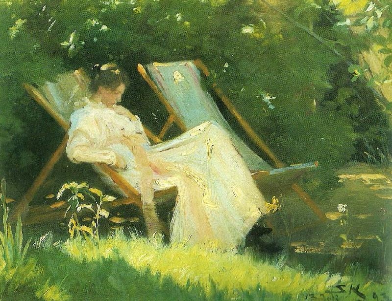Peter Severin Kroyer kunstnerens hustru siddende i en havestol i deres have pa skagen Spain oil painting art